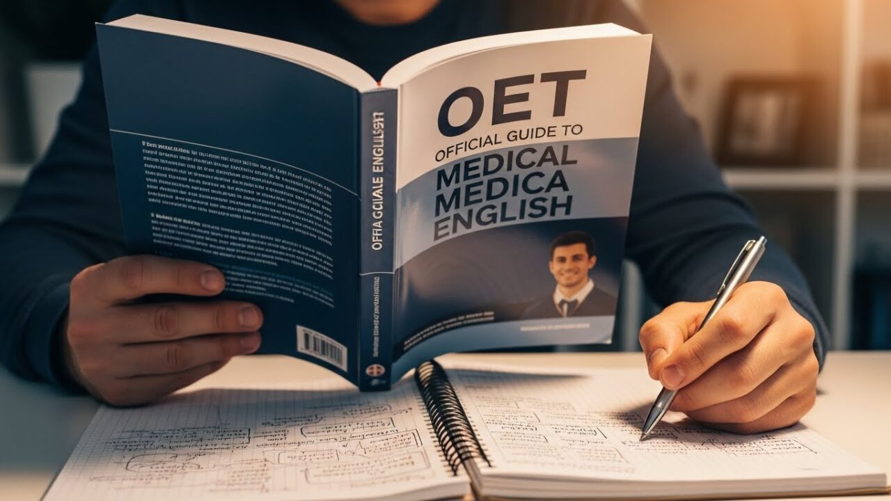 OETを勉強する日本人男性医師の手元のイメージ