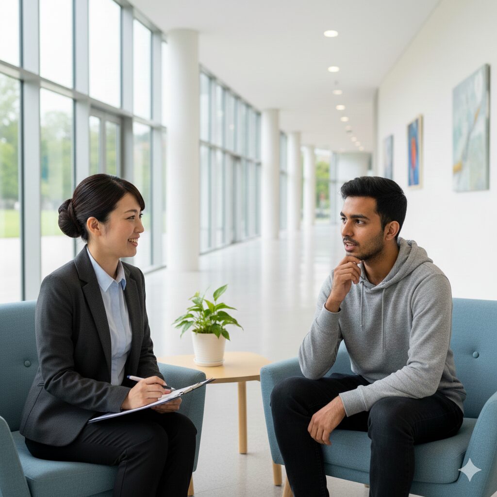 大学保健室で海外の学生と英語で話す看護師のイメージ