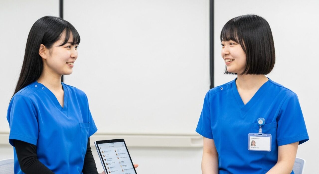 看護師同士が英語ロールプレイ練習をする様子