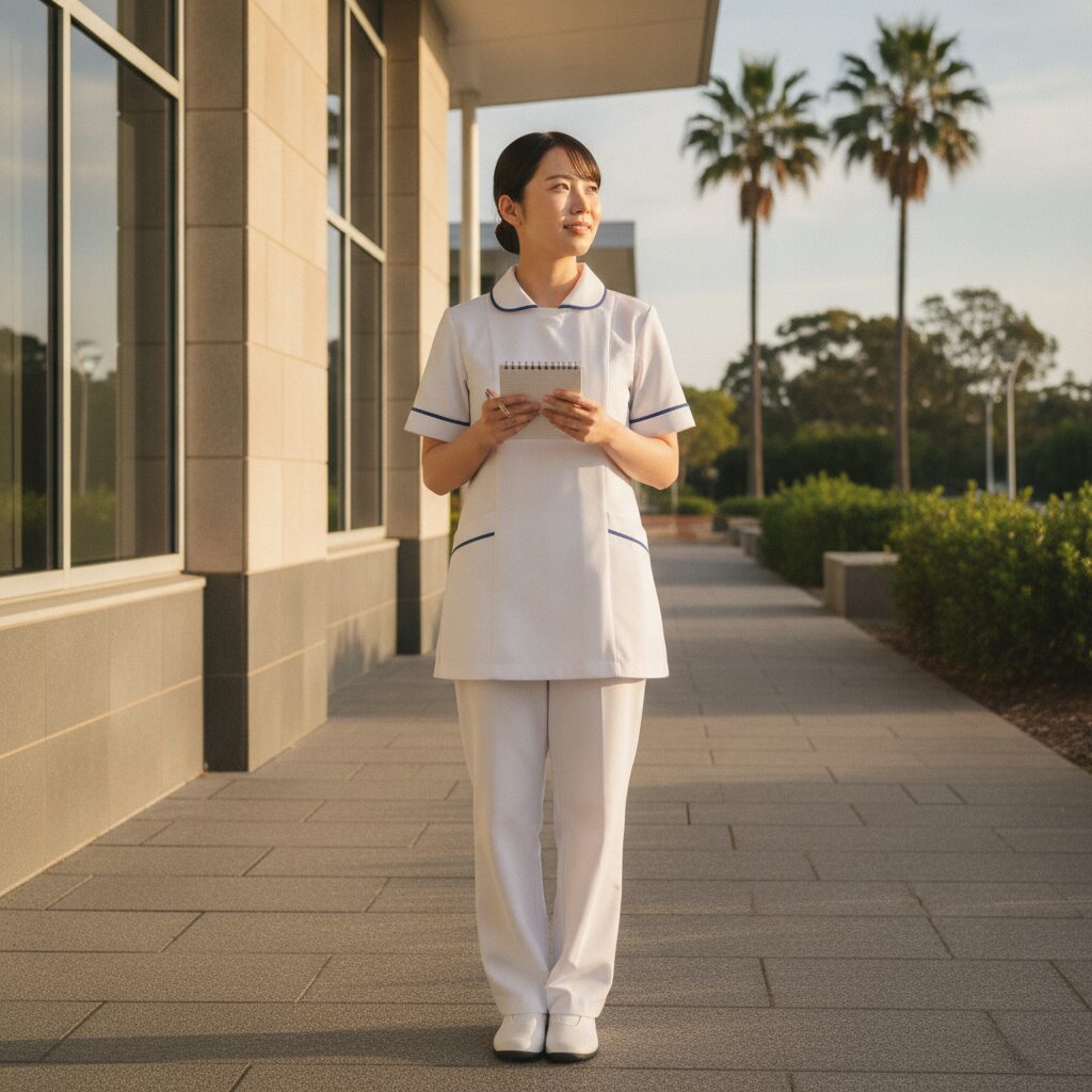オーストラリアの病院前に立つ日本人看護師
